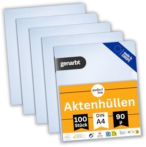 perfect line - 100 Aktenhüllen DIN-A4-90 my, transparent, genarbt - dünn, leicht & platzsparend - Top Qualität - dokumentenecht, säurefrei (100 Stück)