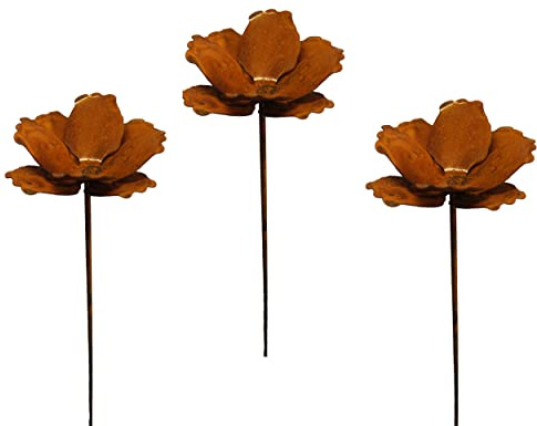 3er Set Gartenstecker Sonnenhut Metall Rost Gartendeko Edelrost Rankstab Beetstecker Topfstecker Naturrost (Mohnblüten)
