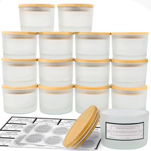 CONNOO 15 Stück 120 ml Frostige Glas-Kerzengläser mit luftdichten Bambusdeckeln zum Kerzenmachen, kleine, weithalsige, leere Kerzengläser im Großpack mit haftenden Warnetiketten - spülmaschinenfest