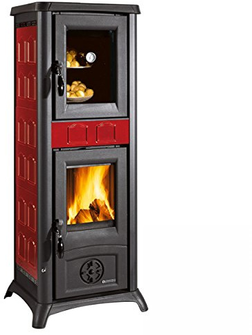 Holzofen 'Gemma Forno' mit emailliertem Ofen, Außenverkleidung aus Steingut, Türen, Kopfteil und Feuerstelle aus Gusseisen. Glaskeramik hitzebeständig bis 750°. Abmessungen 460 x 495 x 1207 mm