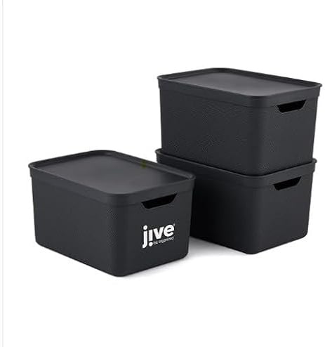 Jive 3er-Set Aufbewahrungsboxen mit Deckel 16l, A4 | Stapelboxen mit Griff und Deckel | mit Flechtmuster | modular & stapelbar | pflegeleicht & stabil | schwarz