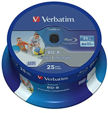 Verbatim BD-R SL Datalife, Blu-Ray-Disk 25 GB - 6-fache Brenngeschwindigkeit - Groß bedruckbar - Kratzschutz - 25 Stück Spindel