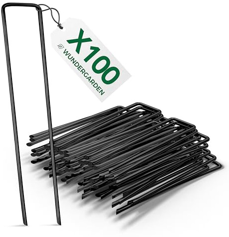 WUNDERGARDEN - 100 Erdanker für Unkrautvlies, Erdnägel aus Stahl im Set zur Befestigung von Unkrautflies, Unkrautfolie, oder fürs Camping - Erdpieß, Erddübel, Bodenanker - 150x25mm - Ø2,7mm