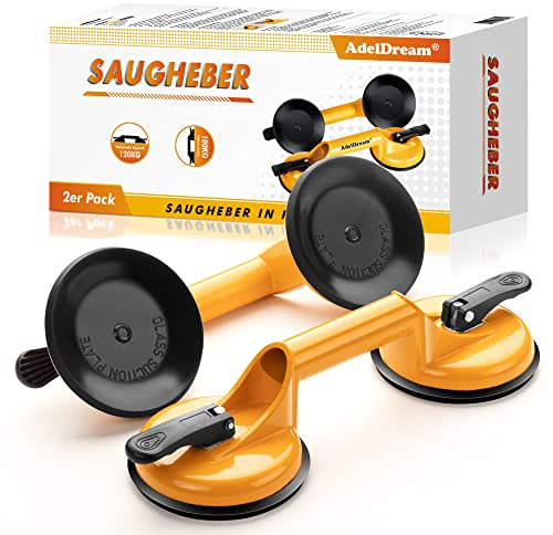 AdelDream Saugheber Glassauger 2 Stück Saugnapf Fliesen Vakuumheber Fliesen 120kg Tragkraft Für den Transport von Fliesen Laminat Scheiben und Glas als Glasheber gelb 32.5cm x 12cm x 7cm gelb