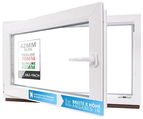 Kellerfenster Kunststofffenster weiß, BxH: 90 x 50 cm / 900 x 500 mm 2-fach Verglasung (32 mm) Dreh-Kipp inkl. Pilzkopfverriegelung, DIN Rechts (Griff Links), 60 mm Profil