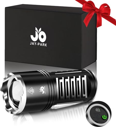 JAY-PARK Taschenlampe 1000000 Lumen Extrem Hell Aufladbar 10800-mAh Akku | Starke LED Taschenlampen mit LCD-Batteriestandsanzeige, 5 Lichtmodi, Zoombar, IP67 Wasserdich für Camping, Wandern, Abenteuer