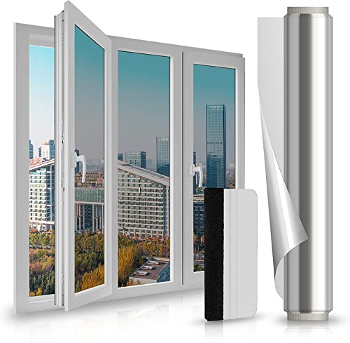 LULUETPUE Spiegelfolie Selbstklebend Sonnenschutzfolie Fenster innen UV-Schutz Reflektierende Fensterfolie Silber Thermofolie für Büro und Haus, (44.5 * 400CM)