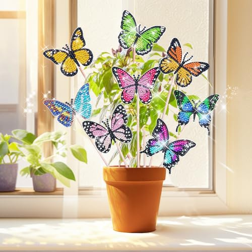 8 Stück Diamond Painting Schmetterling Sets, Diamond Painting Kinder Erwachsene Gartendekoration für Draußen und Drinnen Balkon Deko, Basteln für Kinder Diamont Painting Geschenk Für Mama Und Mädchen