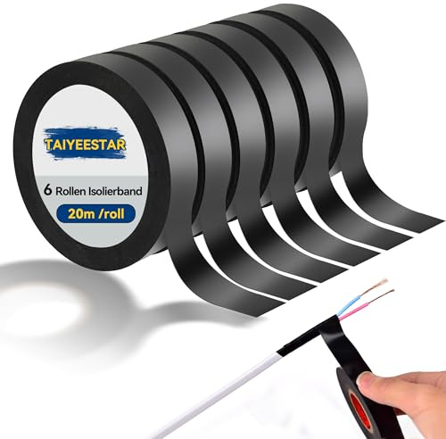 Taiyeestar 6 Rollen Isolierband à 20 m, Isolierband Schwarz Wasserdicht, Electrical Tape zum Schutz, Bündeln und Reparieren von Kabeln, 15mm x 20 m