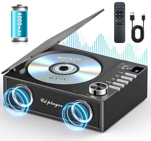 Greadio CD Player Tragbar mit Bluetooth 5.3, 4000mAh Wiederaufladbarer CD-Player mit Fernbedienung, HiFi-Sound-Lautsprecher, unterstützt USB, TF, AUX, LED-Display für Zuhause/Auto/Geschenk