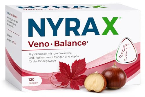 NYRAX® Veno Balance – Unterstützt das Bindegewebe* – Hochdosiertes Trio: Rosskastanienextrakt, Rotes Weinrebenextrakt & Brennesselextrakt – 120 Vegane Kapseln in Apothekenqualität