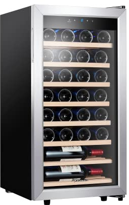 Kalamera Weinkühlschrank, 28 Flaschen 86 Liter, Touch-Bedienfeld, Edelstahl Glastür, 5-18°C Kühlzone, Abnehmbar Holzauflagen, KRC-86FCSS-W