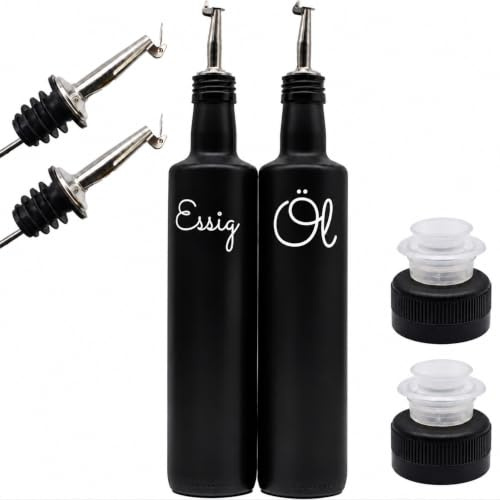 Essig- und Ölflaschen Set, 2 Glasflaschen 500 ml mit Edelstahl-Ausgießern | Mit 2 schwarzen matten Deckeln, ideal zum Dosieren und stilvollen Servieren von Essig und Öl