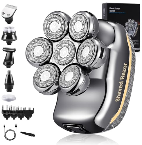 Rasierer Herren Elektrisch, 6 in 1 Glatzen Rasierer Herren für 0,0 mm, IPX6 Wasserdicht Kopfrasierer für Glatze mit 7 Rotierende Scherköpfe, Nass und Trockenrasierer Bart Nasenhaar Trimmer Pflege Kit