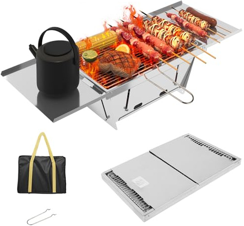 Dripex Klappgrill Holzkohlegrill Tragbarer BBQ Campinggrill - 1 s Aufklappen Edelstahl Picknickgrill Kleiner Grill mit Tasche für Camping Outdoor Grillparty Reisen (65 x 25 x 14.5cm)