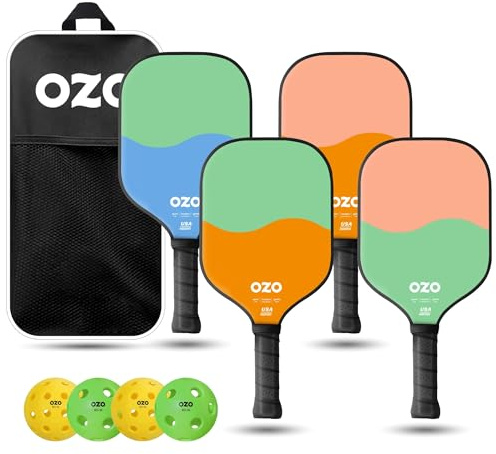 OZO Pickleball - Set mit 4 Schlägern + 4 Bällen + Tasche - Spark Anfänger Kontroll-Schläger + 4 Injektionsbälle (2X Indoor + 2X Outdoor)