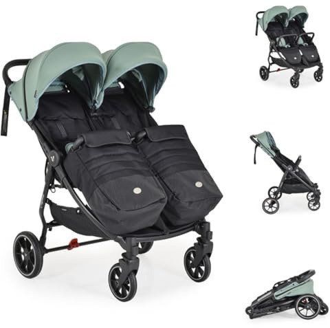 Cangaroo Zwillingskinderwagen 2Gether, Fußabdeckungen, Aluminiumrahmen, faltbar grün