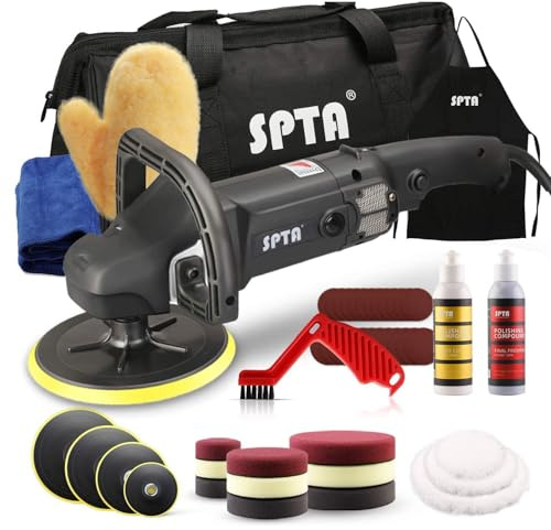 Poliermaschine, SPTA 125mm/150mm/180mm Polierer mit Variable Geschwindigkeit Profiset - Schleifmaschine 1200 Watt Set + Polierschwamm Zubehörset, Polierteller, Wollscheibe für Auto KFZ Boot -SPTA0020