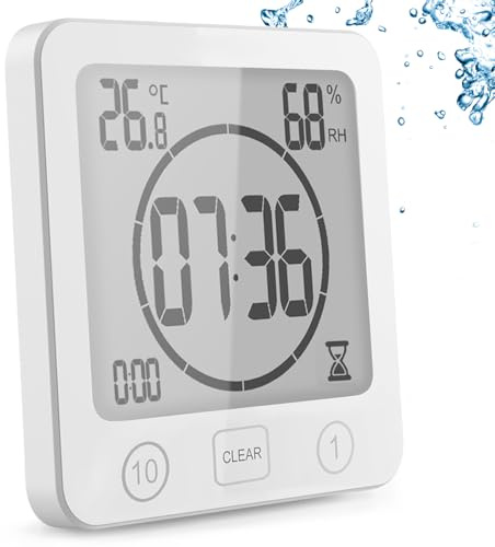 YiChZhe Badezimmer Wecker Badewannentimer‌,Wasserfest Digitale Badezimmeruhr, Baduhr Duschtimer mit Hygrometer und Thermometer,LCD-Display,Countdown Timer,für Dusche, Küche,Familienalltag-Weiß