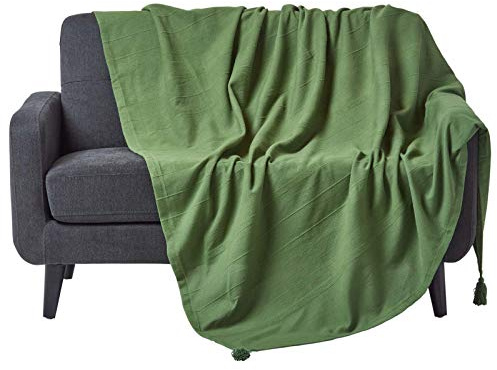 Homescapes Wohndecke Rajput grün – leichte Baumwolldecke 225x255 cm, Tagesdecke aus 100% Baumwolle, Sofaüberwurf handgewebt mit Streifenstruktur, Couch-Überwurf mit Quasten, Oeko-Tex