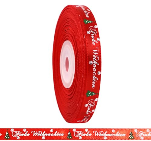 LOOGI 22m Schleifenband 10mm Satinband, Geschenkband Weihnachten Rot Dekoband Weihnachtsband Ripsband mit Frohe Weihnachten