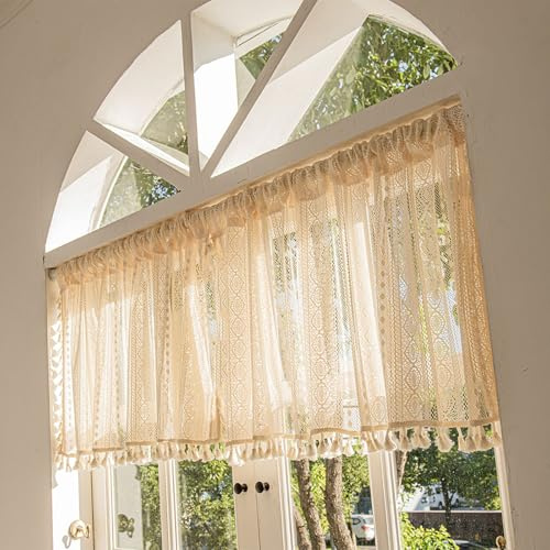 Scheibengardinen Landhausstil, 1 Stück Boho Gestreifte Küchengardinen | 148 x 46 cm Beige Polyesterfaser Quaste Bistrogardine, Fenstergardi Scheibengardinen Küche mit Wunderschön Dekoriert
