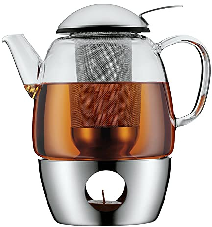 WMF SmarTea Teekanne mit Stövchen Set 3-teilig, Cromargan Edelstahl, Glaskanne 1l mit Siebeinsatz und Stövchen, spülmaschinegeeignet