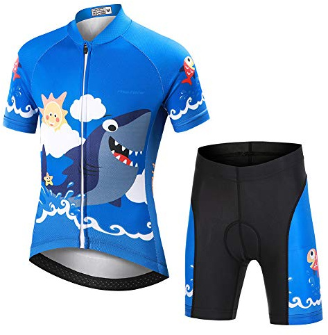 LPATTERN Kinder Radsport Bekleidung- Jungen/Mädchen Fahrrad Trikot-Set(Trikot Kurzarm+Kurz Radhose)/Radtrikot Kurzarm/Kurz Fahrradhose mit Sitzpolster,Hai auf Blau mit Sonne(Anzug),134/140(Tag:L)