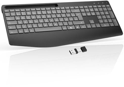 OMOTON Tastatur Kabellos Beleuchtet 2,4GHz, QWERTZ DE Layout, Graphitgrau | Ergonomisch Handballenauflage, Wiederaufladbar, für Windows/Laptops/Linux/PC, Scherenfuß-Taste, Integrierte Handyhalterung