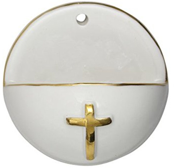 MaMeMi WEIHWASSERKESSEL AUS PORZELLAN MIT GOLDKREUZ & GOLDRAND – Ø ca. 6 cm – Schlichtes WEIHBECKEN für Zuhause – Wandaufhängung – Geschenk zur TAUFE, KOMMUNION, FIRMUNG oder EINZUG