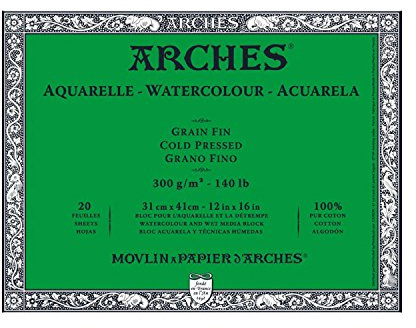 Arches A1795062 Aquarellpapier im Block (31 x 41 cm, 4-seitig geleimt, 300g/m² Feinkorn) 20 Blatt naturweiß