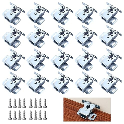 Möbelschnäpper, 20 Stück Doppel-Rollenschnäpper mit 80 Schrauben | Schrankverschlüsse, Edelstahl Latch Fang für Schrank, Möbelschnäpper mit Verstellbaren Türstopper für Schranktüren Schränke