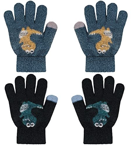 ZDQC 2 Paar Warme Strickhandschuhe Kinder,Süße Handschuhe Kinder,Handschuhe Kinder Stretch,Winter Warme Strickhandschuhe,Vollfinger Handschuhe,Fingerhandschuhe Kinder Winter