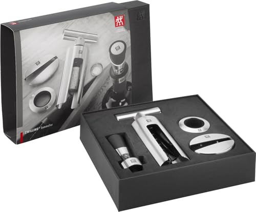 ZWILLING Sommelier Geschenk-Set 4-teilig, mit Folienschneider, Tropfenfänger, Weinausgießer und Korkenzieher, rostfreier Edelstahl, Silber