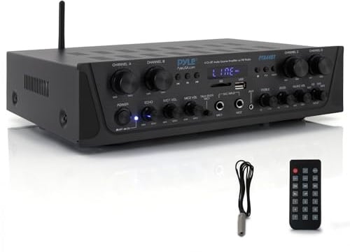 Pyle 500W- Bluetooth Verstärker, Mini Verstärker, Amplifier, Stereo Receiver- 4 Kanal AUX, FM- Radio, RCA- Subwoofer, USB, Mic- Eingang mit Echo, Audio Verstärker- Perfekt für Heimkino & Studio