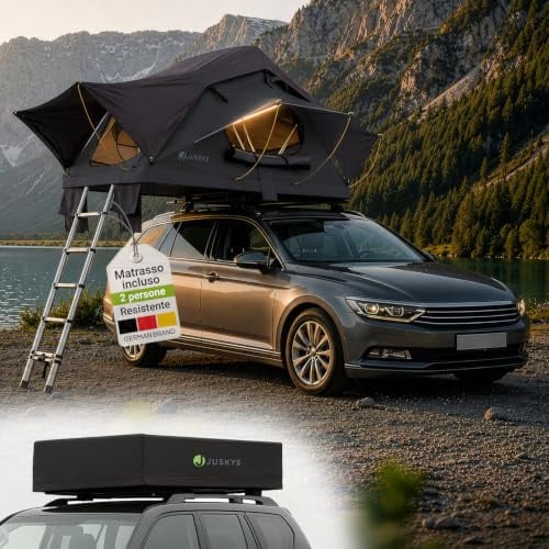 Juskys Autodachzelt Lago 120 x 210 cm - UV-Schutz & Wasserdicht - Matratze & LED-Beleuchtung - Camping & Outdoor - Teleskopleiter - Schwarz