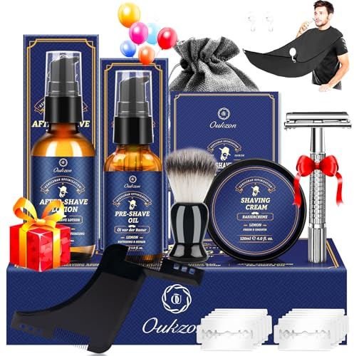 Bartpflege Set für Männer, Hochwertig Bart Rasierset Geschenke für Männer | Bartwuchsmittel Herren mit Bartöl, Rasiercreme, After Shave Lotion, Rasierhobel, Rasierpinsel, Bartschablone, Bartschürze