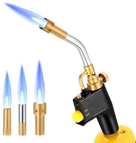 Yontwe Hochintensität Propan Torch Kit GJ-8000 Abzugsstart-Mapp-Gasbrenner mit Selbstzündung und Messingknopf-Schweißbrenner mit 3 Düsen für MAPP CGA600-Gewindeanschluss
