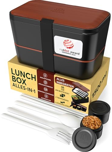 Umami Lunchbox Erwachsene, auslaufsicher, bento box Fächern & 4 Bestecke | 1500 ml, ineinander stapelbar, mikrowellen- und spülmaschinenfest, ideal für Büro, Picknick, Meal Prep, Schwarzes Sapele