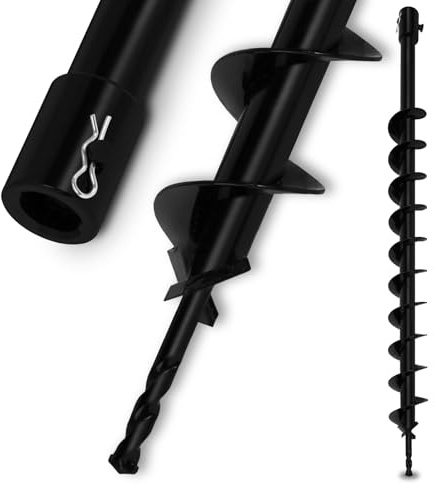 EBERTH Erdbohrer Gartenbohrer aus Stahl, 60 mm Durchmesser, Länge 800 mm, Aufnahme 20 mm, Gartenspiralbohrer schwarz lackiert, Bohrschnecke mit 45° Schneide, Steckverbindung mit Sicherungsbolzen