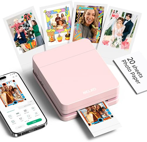 Nelko Fotodrucker PP01 Farbe Tragbarer Mini Fotodrucker für Smartphone mit 20 Fotopapier, Tintenstrahl Aufkleber Drucker, Sticky Back Fotos für iOS & Android,Smart AI APP, Rosa