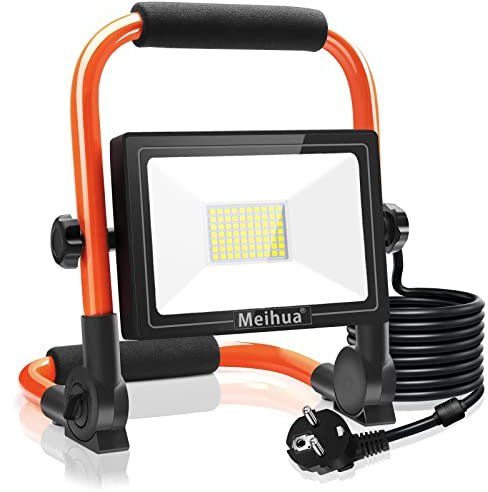 MEIHUA 60W LED Baustrahler 5200LM LED Strahler, 6500K IP66 Wasserdicht | Tragbar Baustrahler 5M Kabel mit Schalten Stecker Flutlicht Arbeitsleuchte für Werkstatt Baustelle Garage