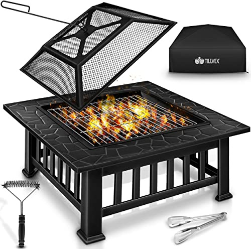 tillvex® Feuerschale mit Funkenschutz, Grillrost & Abdeckung für Outdoor | BBQ Grill mit Schürhaken, Zange & Kohlerost | Feuerkorb Feuerstelle mit Grillfunktion für Garten, Terrasse, Camping, Grill