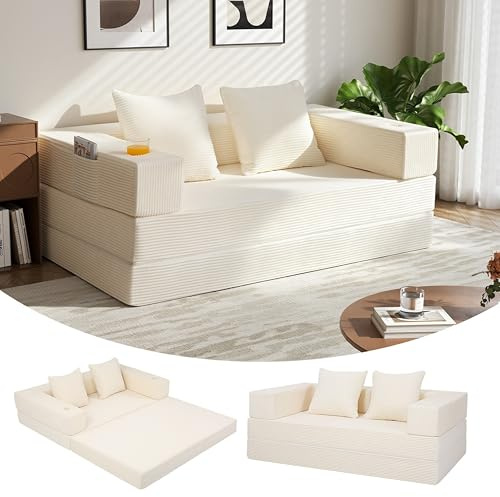 MeMoreCool 4-in-1 Boneless Couch, Umwandelbares Schlafsofa mit Armlehnen, Faltbare Matratze und Schlafsessel, Bequemes Schlafcouch für Wohnzimmer und Schlafzimmer als Lounge oder Gästebett, Beige