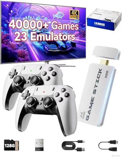Febotak 2025 Retro Gaming Konsole Stick mit 25 000+ Spielen, 23 Emulatoren, 4K HDMI, Dual 2.4G Wireless Controller, Plug & Play System