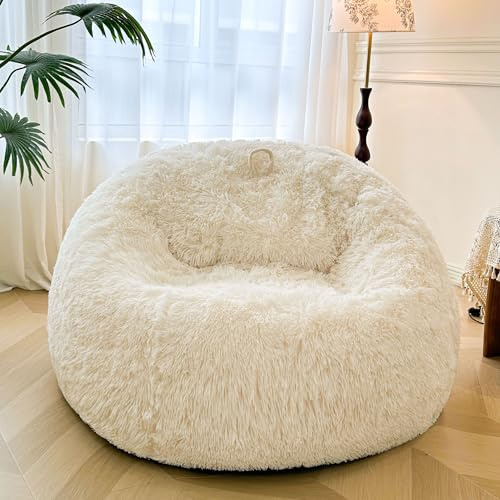 XeGe 5FT Riesenflauschige Sitzsackhülle (ohne Füllung), Ultrasoft Elfenbein-Creme Kunstfell Sitzsack zur Plüschtieraufbewahrung, XL Flauschiger Sitzsack für Wohnzimmer Schlafzimmer Deko, Beige