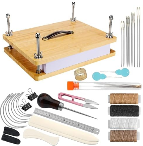 LIROPAU Buchpresse aus Holz, 30x20cm Tragbar Buchpress Werkzeug mit Holzbindepresse, Wachsfäden, Ahle, Fingerhut, Falzbeine, Schere für Zuhause, Schule, DIY-Buchbinden Im Büro
