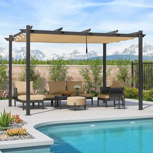 PURPLE LEAF Pergola 3 × 4 m mit Sonnenschutz Schiebedach Alurahmen, Beige | Einziehbare Markise für flexibles Licht, pergola mit Schutzdach, Robuste Anthrazit Alurahmen, Langanhaltende Farbe, UV-Schutz