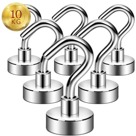ATEWEITA Neodym Magnethaken, Extra Stark Magnete mit Hake Topfmagnet 10kg Kraftmagnete für Camping Kreuzfahrt Büro Küche Kühlschränke, Magnetisch Grill Magnetic Hook für Spind Organizer, 6 Stücke