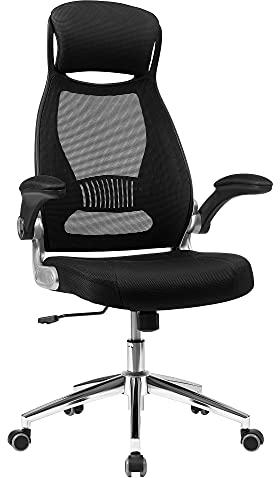 SONGMICS Bürostuhl Drehstuhl Chefsessel Bürodrehstuhl mit Kopfstütze klappbare Armlehnen Wippfunktion, Schwarz OBN86BK